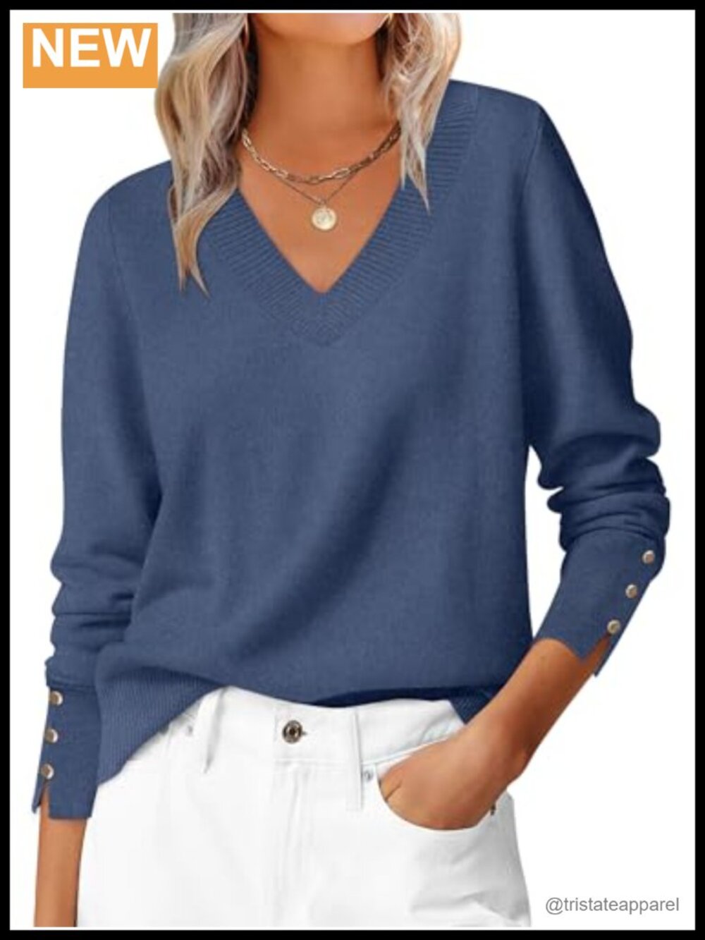 V-Neck Ribbed Cuff Knit Pullover Sweater Lightweight Fall